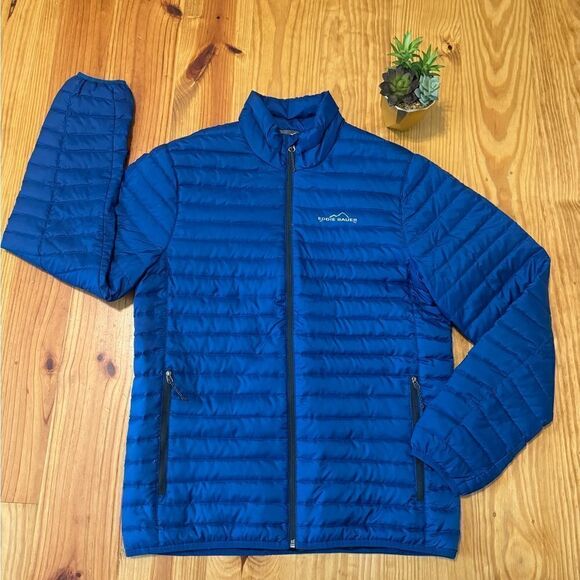 Eddie Bauer Jacket Men's SM EB650 Full Zip Down Coat Goose Down Puffer Blue - Picture 1 of 9